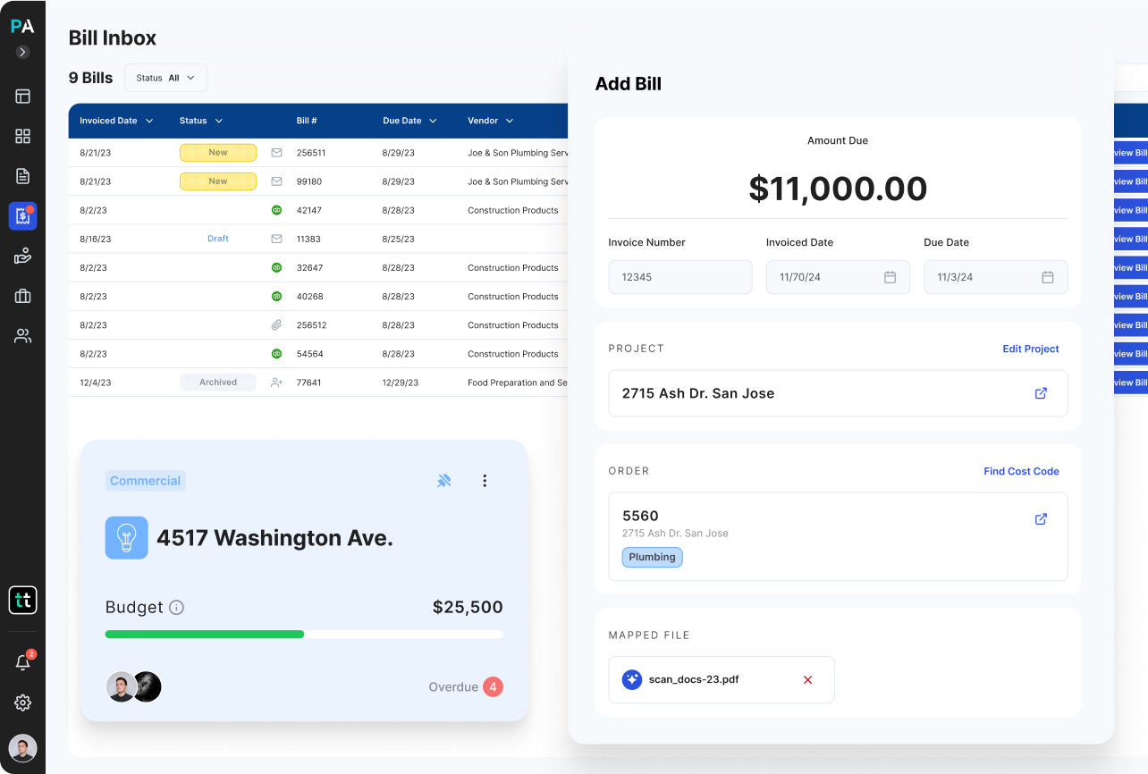 Screenshot of the Bill Box, project card and adding bill panel